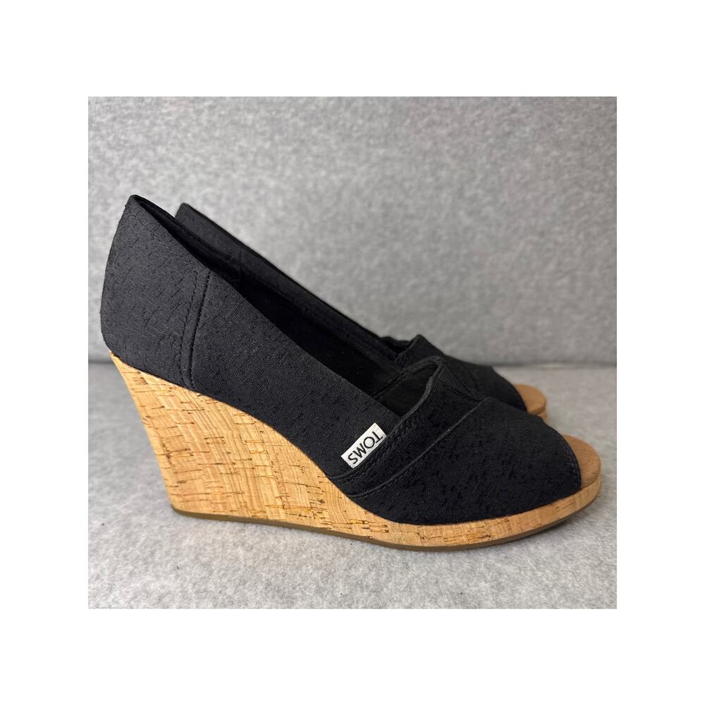 TOMS Black Canvas Cork Wedge Peep Toe Heels – Size 7
